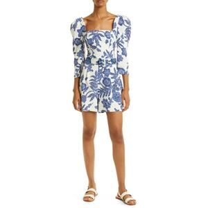 Cara Cara Penelope Square Neck Blue White Floral Belted Romper Size Medium